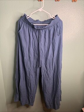 Lightweight Wide-Leg Drawstring Pants - Blue with pockets